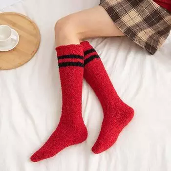 Осенне-зимние толстые полосатые носки из телячьей шерсти женские носки из кораллового флиса однотонные чулки синий