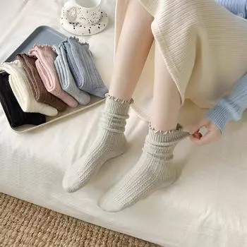 Осенне-зимние толстые теплые женские носки шерстяные кашемировые длинные термоноски женские повседневные однотонные японские милые носки с оборками чёрный