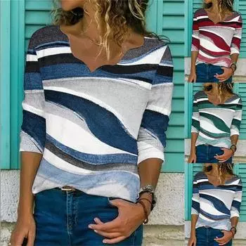 Осенне-зимние топы с v-образным вырезом, свободная футболка с геометрическим принтом и кружевным воротником, повседневная футболка с длинными рукавами, женская одежда