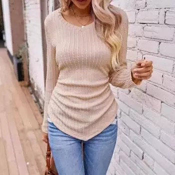 Осенне-зимние топы женские с длинными рукавами асимметричные тонкие с V-образным вырезом однотонные модные вязаные свитера для отдыха S абрикосовый