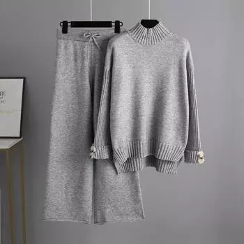 Осенне-зимние трикотажные костюмы, женские полуводолазки, утолщенный свитер оверсайз, брюки, комплект из двух предметов OneSize