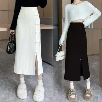 Осенне-зимние трикотажные юбки женские с разрезом сбоку, элегантные миди в китайском стиле, повседневные, ретро, однотонные, простые, универсальные юбки А-силуэта One Size белый