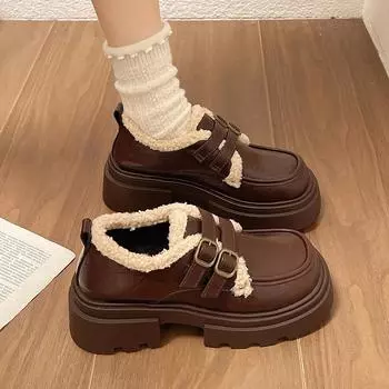 Осенне-зимние туфли из натуральной кожи в британском стиле для женщин, новые студенческие туфли из японского винтажного плюша и теплые хлопковые туфли для женщин 35 чёрный