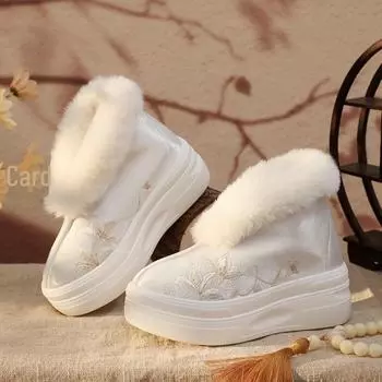 Осенне-зимние туфли Ruoxi 2024 на плоской подошве с вышивкой и меховой подкладкой — удобная хлопковая обувь в китайском стиле для ношения в помещении и на открытом воздухе. Size 37