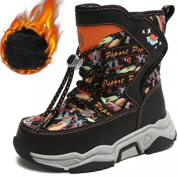 Осенне-зимние унисекс детские зимние кроссовки для мальчиков и девочек зимние ботинки с флисом для активного отдыха нескользящие зимние ботинки для девочек и подростков 28 чёрный/оранжевый
