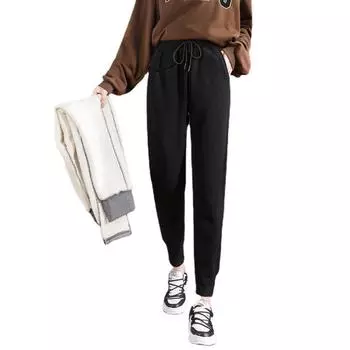 Осенне-зимние утепленные брюки с флисовой подкладкой и завязками для верхней одежды, универсальные термобрюки с высокой талией и завязками. S чёрный