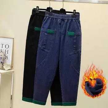 Осенне-зимние утепленные и утолщенные женские джинсы, повседневные тонкие свободные брюки с талией, широкие брюки в этническом стиле 3XL