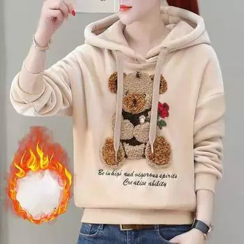 Осенне-зимние утолщенные флисовые женские толстовки с вышивкой, свитер, уличная одежда, пуловеры с заниженными рукавами M бежевый
