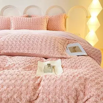 Осенне-зимние утолщенные плюшевые трехмерные молочно-бархатные зимние теплые простыни и простыни на подкладке, двойной комплект постельного белья из четырех предметов 1.2m bed sheet model-3PCS