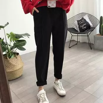 Осенне-зимние утолщенные женские брюки-карандаш, осенние и зимние шерстяные шаровары, женские брюки-редиски с короткими штанинами, студенческие толстые повседневные свободные XXL чёрный