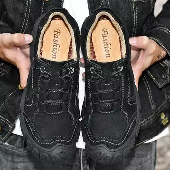 Осенне-зимние верхние слои коровьей кожи, уличные туфли Baotou, мужские рабочие туфли, размер 38-45, кроссовки, мокасины из натуральной кожи, мужские оксфорды 38 чёрный