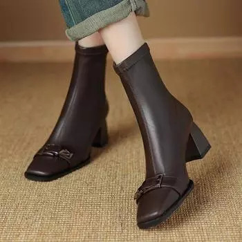Осенне-зимние винтажные модные женские квадратные короткие сапоги из коровьей кожи с пряжкой на ремне, сексуальные элегантные эластичные сапоги с вставками 35 чёрный