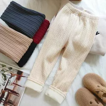 Осенне-зимние вязаные детские штаны для девочек, бархатные утепленные эластичные леггинсы, детские брюки 90 чёрный
