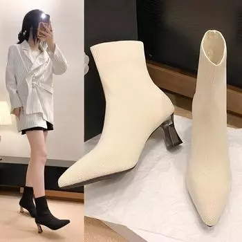 Осенне-зимние вязаные носки-сапоги больших размеров на высоком и тонком каблуке, эластичные женские сапоги 35 чёрный