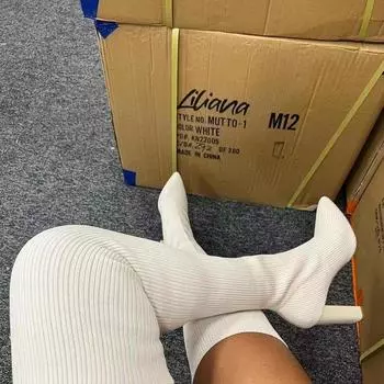 Осенне-зимние вязаные сапоги до колена с острым носком и толстым каблуком, женские большие размеры, эластичные шерстяные носки, длинные сапоги 36 белый