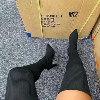 Осенне-зимние вязаные сапоги выше колена на толстом каблуке с острым носком для женщин из эластичной шерсти, высокие сапоги до бедра Botas Femenina 36 чёрный