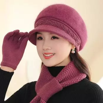 Осенне-зимние вязаные шапки из меха кролика для женщин среднего возраста, зимние шапки для пожилых матерей, шапки для пожилых дам, шапки с утиным языком оптом