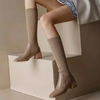 Осенне-зимние вязаные высокие сапоги, женские новые гольфы, женская модная обувь без шнуровки на высоком каблуке, эластичные туфли в стиле ретро, Botas Mujer 202 35 абрикосовый