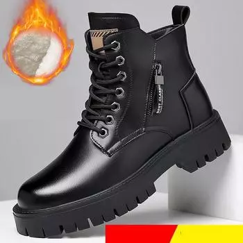 Осенне-зимние высокие хлопковые ботинки для мужчин, классические теплые зимние ботинки, мужские рабочие ботинки с толстой подошвой и нескользящей подошвой, повседневная обувь для активного отдыха, кожаные ботинки с большим носком 44 чёрный