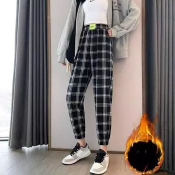 Осенне-зимние женские эластичные повседневные клетчатые брюки с высокой талией для женщин, стильные универсальные флисовые карманы, шаровары M чёрный/белый