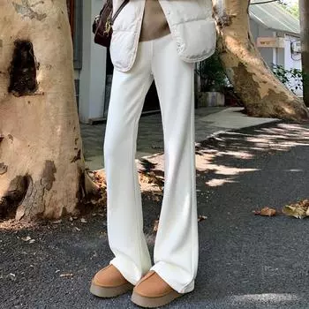 Осенне-зимние женские бархатные расклешенные брюки с утолщенной высокой талией, новые повседневные облегающие простые длинные брюки 2024 года, однотонные брюки больших размеров 2348 S чёрный