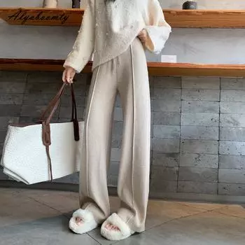 Осенне-зимние женские базовые теплые широкие брюки с высокой талией, черные, бежевые, на шнурке, трикотажные брюки, повседневные трикотажные базовые универсальные брюки One Size чёрный