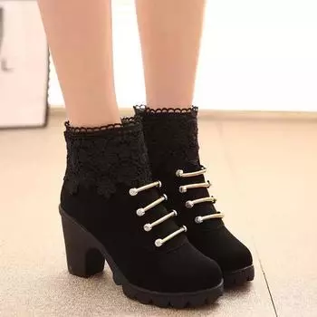 Осенне-зимние женские ботильоны из искусственной кожи с круглым носком, сексуальные кружевные туфли на высоком каблуке 35 чёрный
