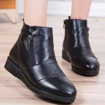 Осенне-зимние женские ботильоны из натуральной кожи на плоской подошве для женщин, теплые повседневные ботинки с боковой молнией, мягкие, удобные, теплые ботинки для мам 35 чёрный