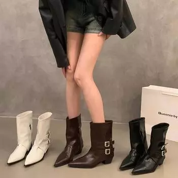 Осенне-зимние женские ботильоны, модные элегантные туфли с пряжкой на поясе и острым носком, на низком каблуке, узкие короткие ботильоны 35