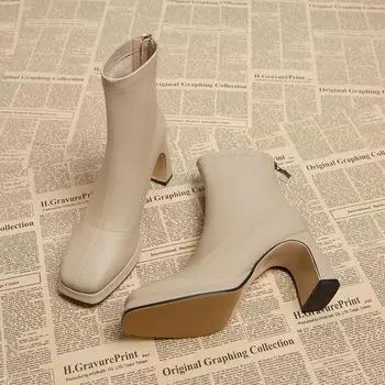 Осенне-зимние женские ботильоны, модные, квадратный носок, эластичные, короткие, женские, лаконичные, на толстом каблуке 35