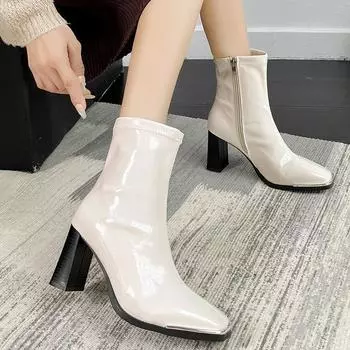 Осенне-зимние женские ботильоны, новые, с молнией спереди, с декоративными элементами, кожаные, с квадратным носком, на толстом высоком каблуке, короткие сапоги 35 бежевый