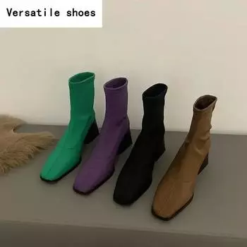 Осенне-зимние женские ботильоны с эластичным ремешком, модные туфли без застежек с квадратным носком, винтажные квадратные высокие каблуки, женские короткие ботильоны 35