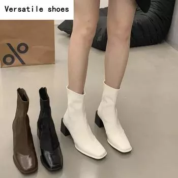 Осенне-зимние женские ботильоны с квадратным носком, модные дизайнерские винтажные короткие ботильоны, лаконичные туфли на толстом высоком каблуке 35