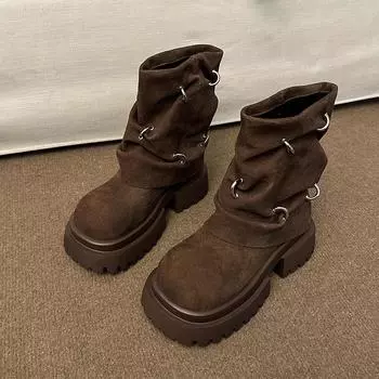 Осенне-зимние женские ботинки до середины икры на толстом высоком каблуке, Лидер продаж 2024 года, готические мотоциклетные ботинки до щиколотки, удобные прогулочные ботинки с пряжкой 35