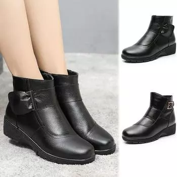Осенне-зимние женские ботинки из натуральной кожи, нескользящие повседневные прогулочные ботинки для мам, водонепроницаемые, толстые, плюшевые, теплые, зимние ботинки 35