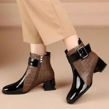 Осенне-зимние женские ботинки, короткие ботильоны с пряжкой и ремешком, зимняя женская обувь на блочном каблуке 35 коричневый