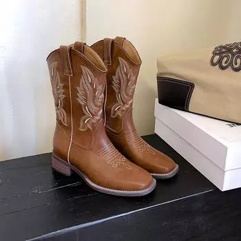Осенне-зимние женские ботинки, женские ботильоны, женские ковбойские сапоги на низком каблуке, обувь в стиле вестерн, большие размеры 35-40 35 коричневый