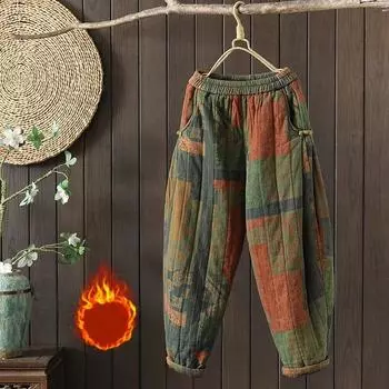 Осенне-зимние женские брюки больших размеров в этническом стиле с утолщенной эластичной талией и сотней напечатанных теплых свободных элегантных брюк 2XL