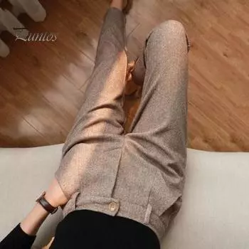 Осенне-зимние женские брюки с высокой талией, застежкой-молнией, ширинкой в елочку, шерстяные костюмные брюки, однотонные длинные брюки с карманами S хаки