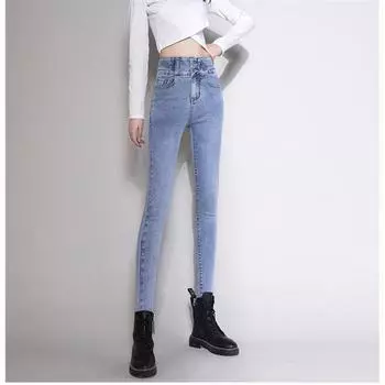 Осенне-зимние женские джинсы, новые утолщенные теплые прямые джинсы с высокой талией, брюки в Корейском стиле, винтажная уличная одежда, свободная повседневная одежда 26