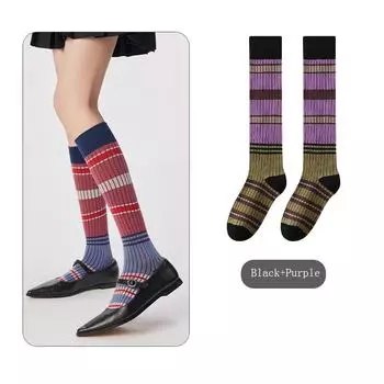 Осенне-зимние женские гольфы средней длины до колена и голени в стиле ретро с яркими горизонтальными полосками, чулки из чистого хлопка в студенческом стиле One Size