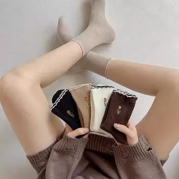 Осенне-зимние женские хлопковые носки с цветочной вышивкой, милые японские носки Kawaii в корейском стиле, однотонные, в стиле Harajuku Vintage Crew Sox