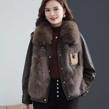 Осенне-зимние женские искусственные шубы сшитые искусственный мех лисы воротник шуба короткая свободная кожаная куртка L темно-коричневого