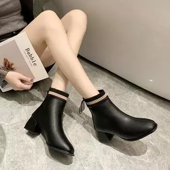 Осенне-зимние женские короткие сапоги с квадратным носком и толстым каблуком 34