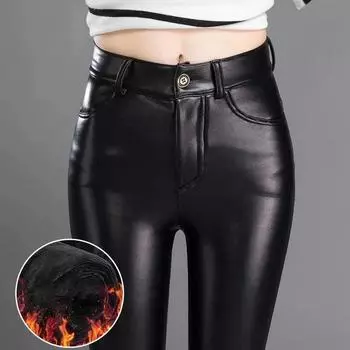 Осенне-зимние женские кожаные брюки, эластичные блестящие брюки, тонкие женские кожаные брюки-карандаш, женские брюки, женская одежда L прохладный черный