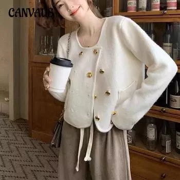 Осенне-зимние женские куртки Французский маленький парфюмерный короткий свитер Женский дизайн Двубортный вязаный свитер Топ-кардиган Куртка One Size белый