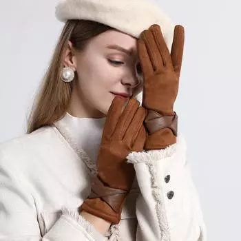 Осенне-зимние женские модные элегантные замшевые перчатки с сенсорным экраном, тонкие флисовые перчатки с бантом, милые перчатки для езды на велосипеде, ветрозащитные