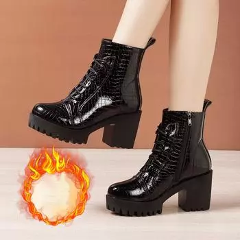 Осенне-зимние женские модные ботильоны на высоком толстом каблуке из лакированной кожи с толстой подошвой 32 чёрный