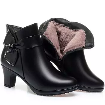 Осенне-зимние женские модные ботинки, новые теплые бархатные туфли с бантом, зимние ботинки, удобные туфли на высоком каблуке из мягкой кожи и хлопка 35(Foot22.5cm)