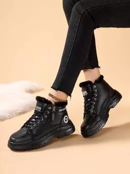 Осенне-зимние женские модные высокие сноубутсы на толстой подошве и с теплой подкладкой из плюшевого велюра 36 чёрный